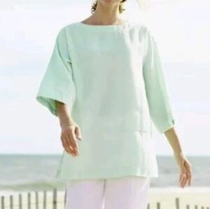 Pure Jill Relaxed 100% Linen Kimono Tunic Mint Green 3/4 Sleeve Sz. L